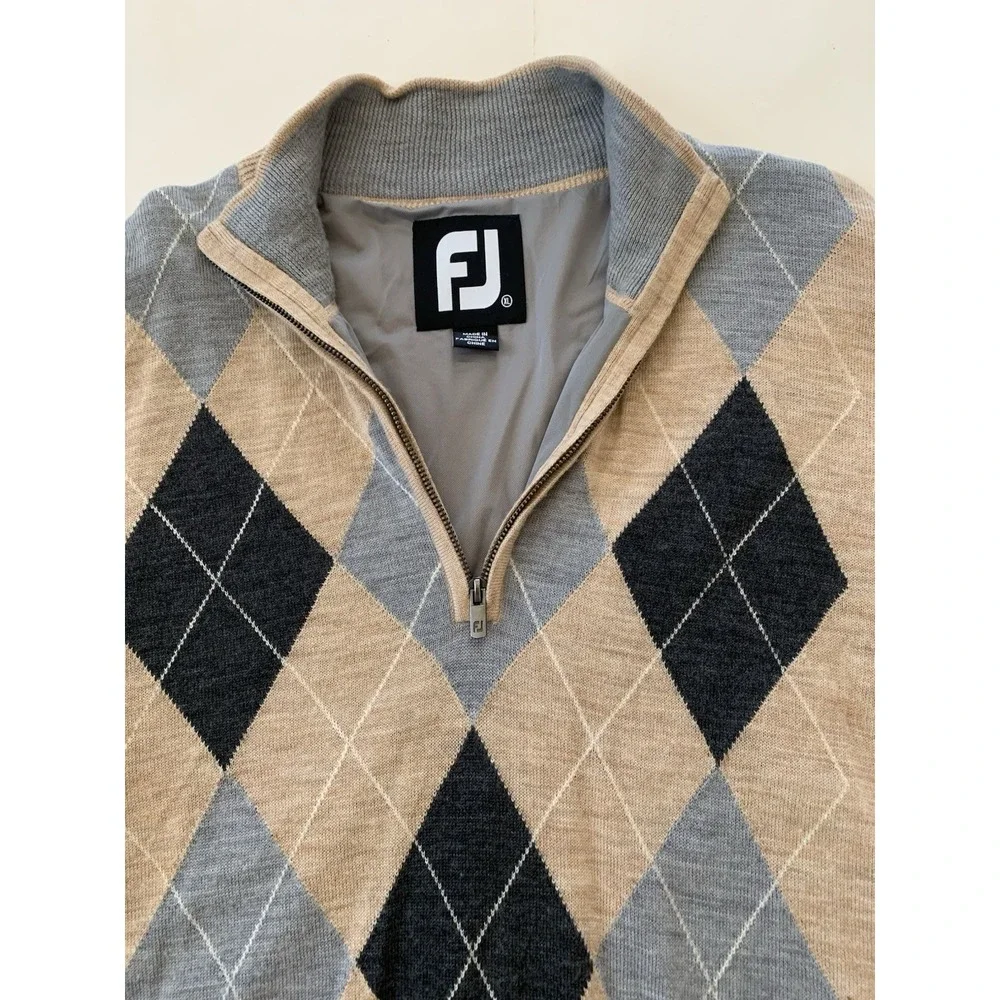 Footjoy Quarter Zip Golf Sweater Mens XXL Tan Beige Argyle 100% Wool Wind Logo